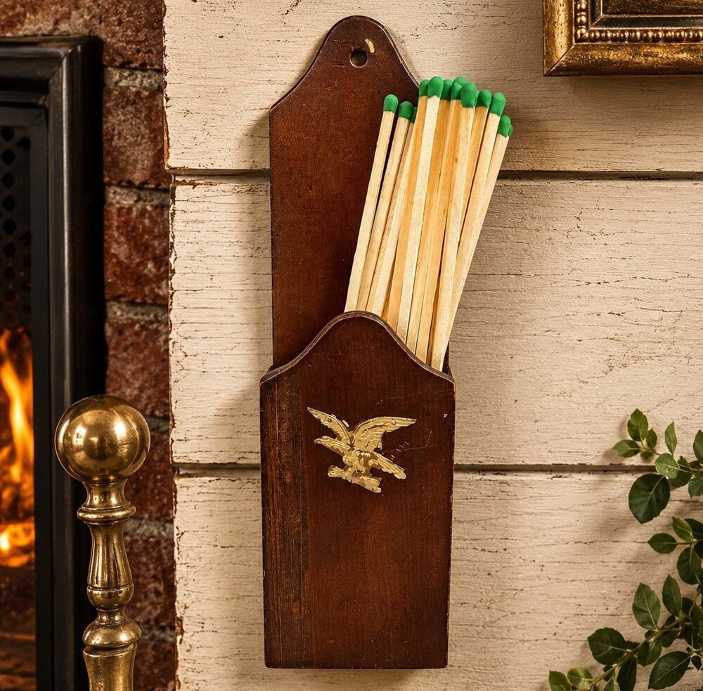 Vintage 1970s Wood Fireplace Long Match Holder Eagle Americana Decor